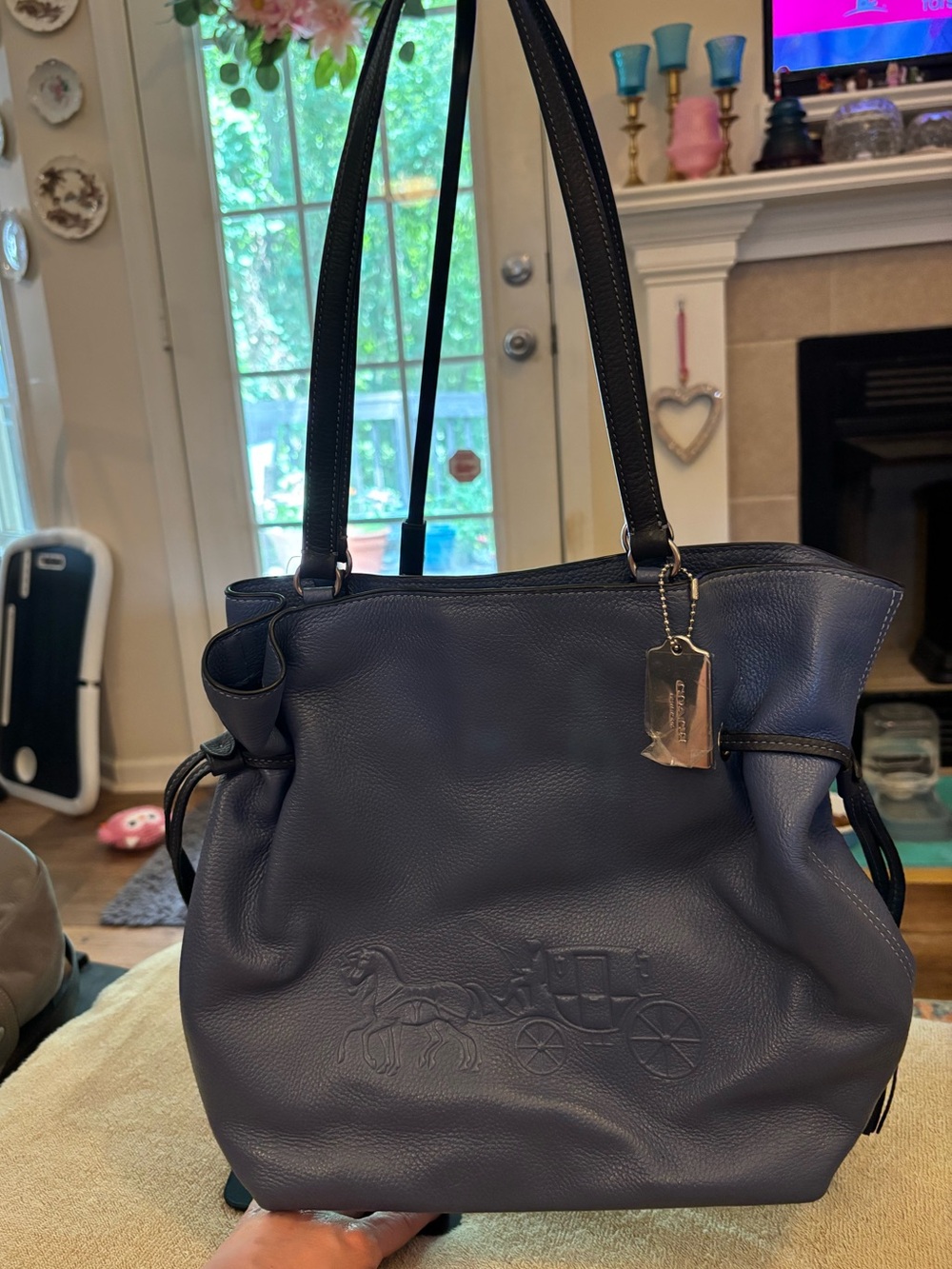 Coach Navy Pebble Leather Shoulder Tote with Embossed Coach Carriage